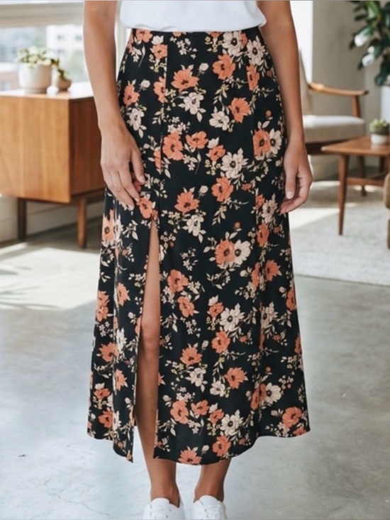 Forever 21 Dresses & Skirts - Forever 21 Black and Peach Floral Maxi Skirt with Leg Slit, Women’s Medium